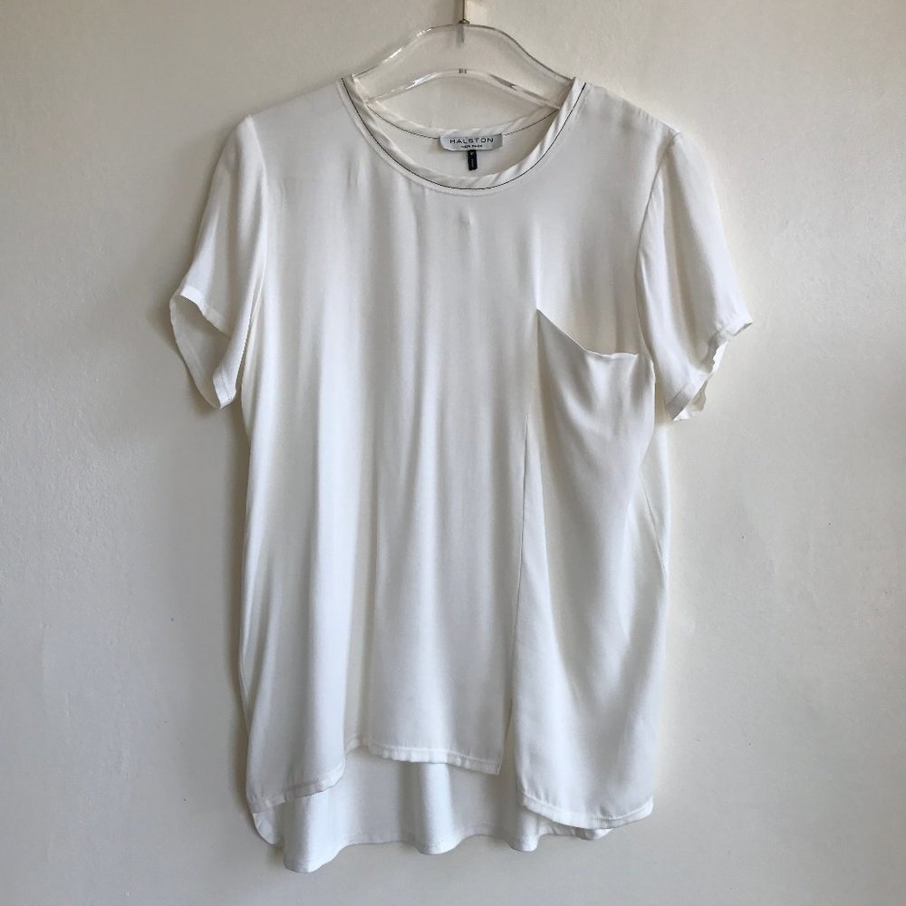 HALSTON Heritage Ivory Silk Draped Pocket Short Sleeve Tee Blouse High Low Sz M